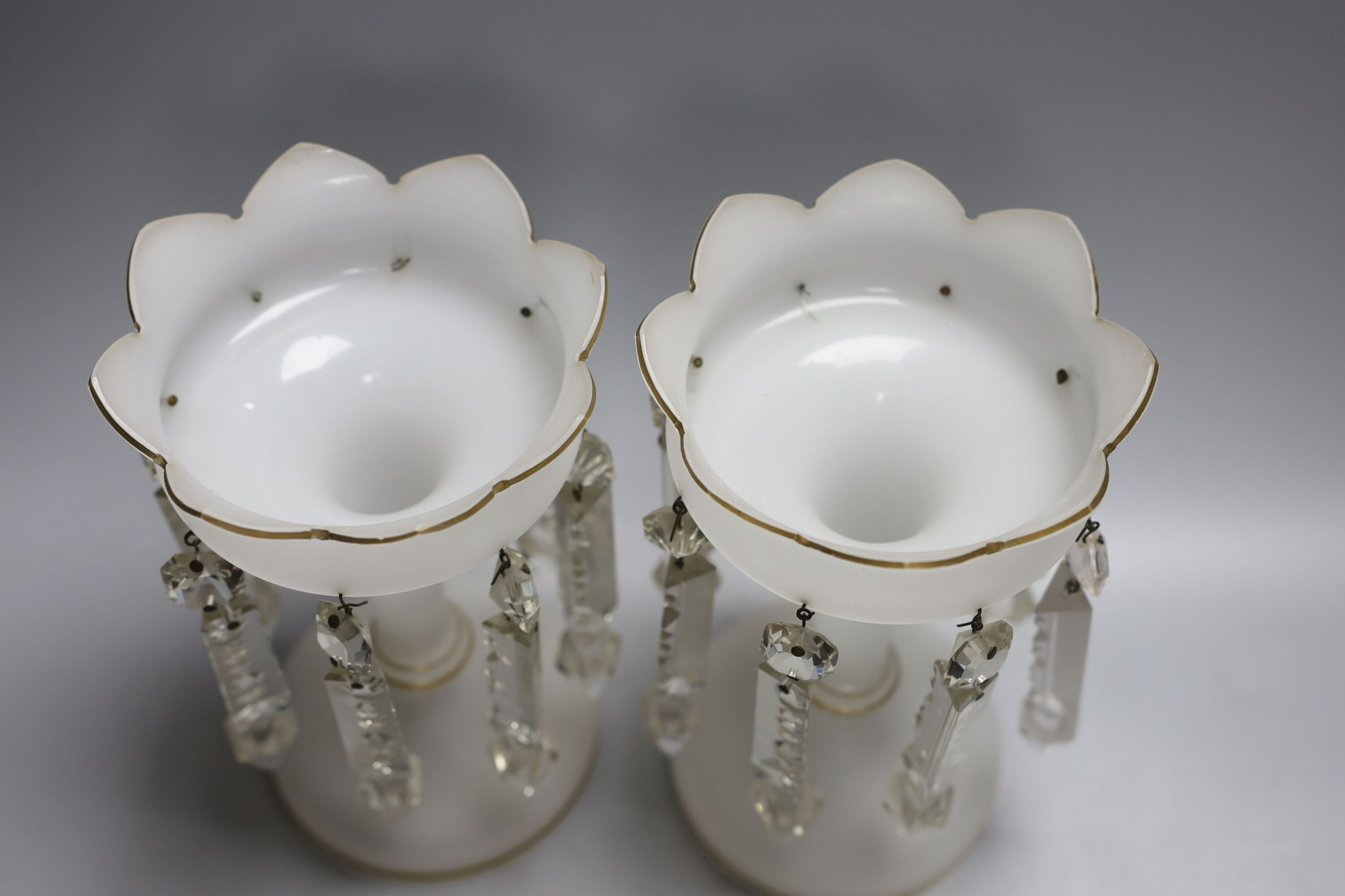 A pair of Victorian frosted glass table lustres.